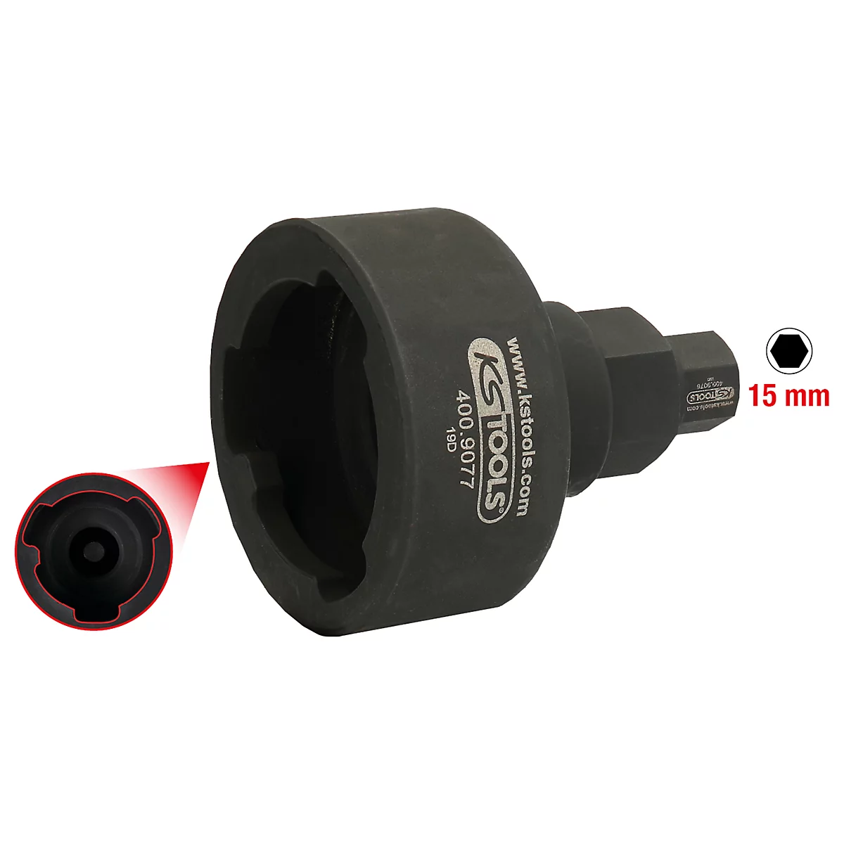 Schwarzer Spezialschlüssel mit KS Tools-Logo und der Aufschrift 15 mm.